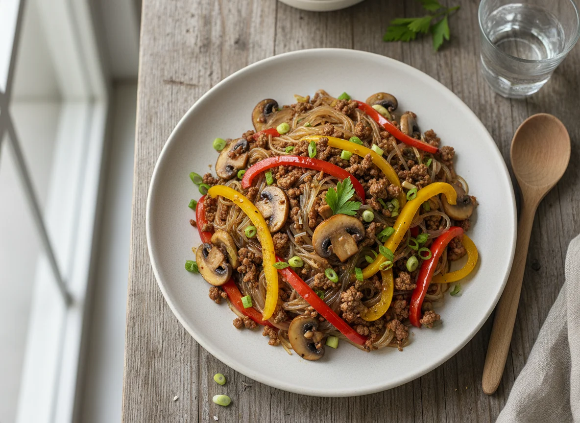 Hackfleisch-Nudelpfanne mit Pilzen und Paprika photo