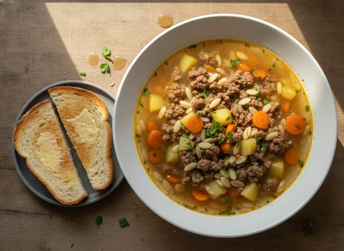 Hackfleisch-Nudelsuppe mit Toast photo