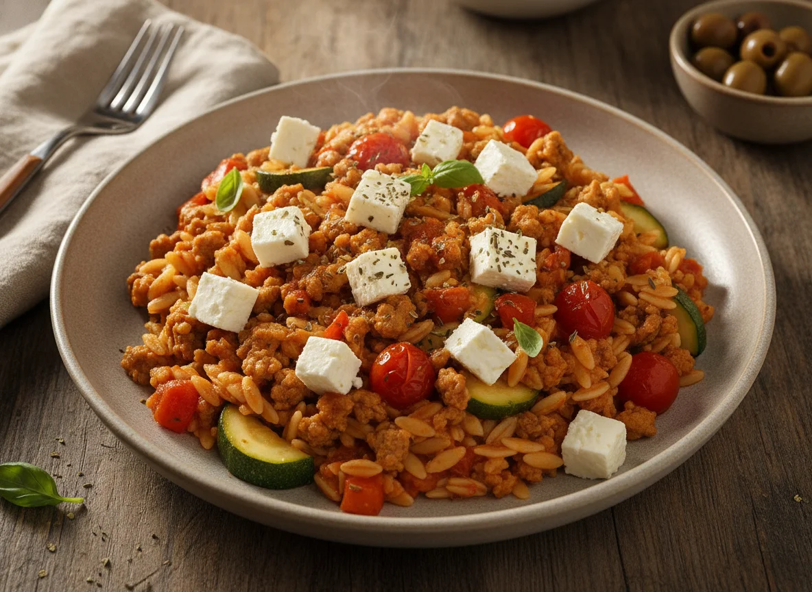 Hackfleisch-Orzo-Pfanne mit Feta und Gemüse photo