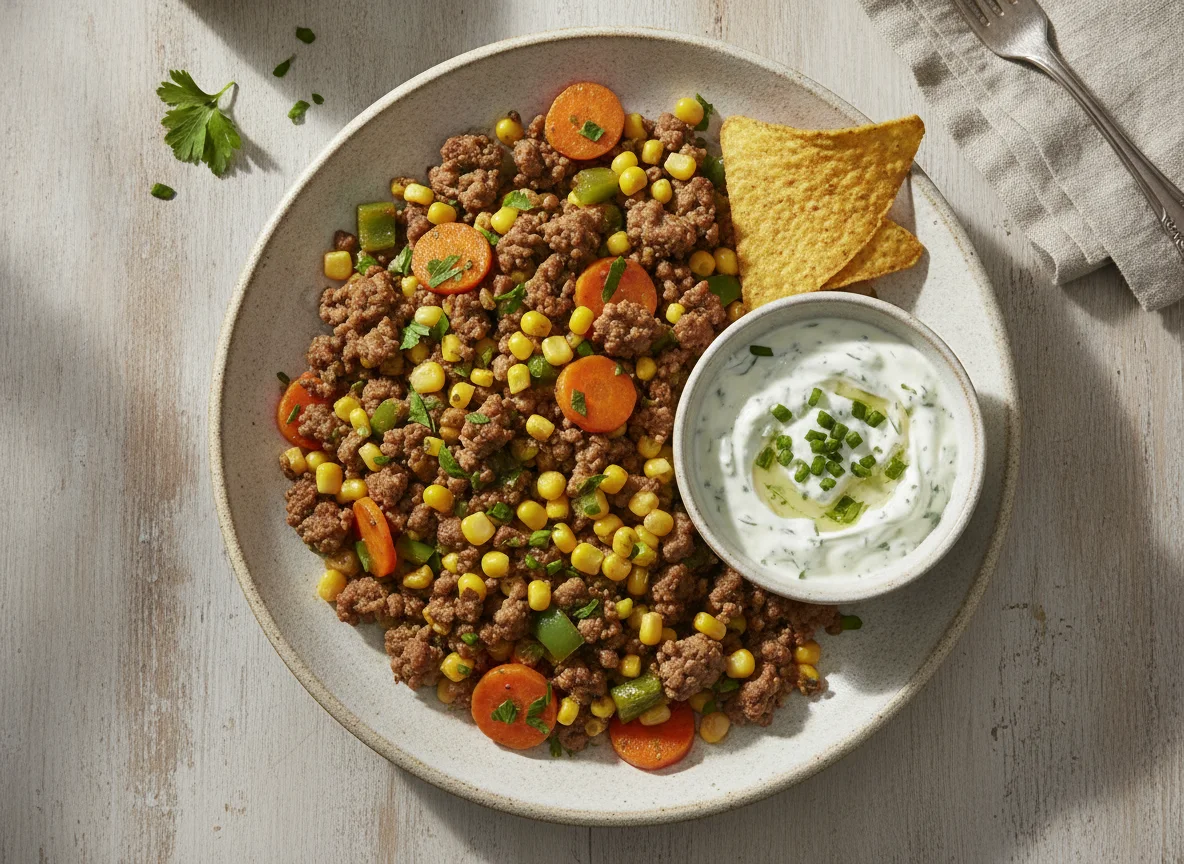 Hackfleischpfanne mit Gemüse, Taco-Chip und Dip photo