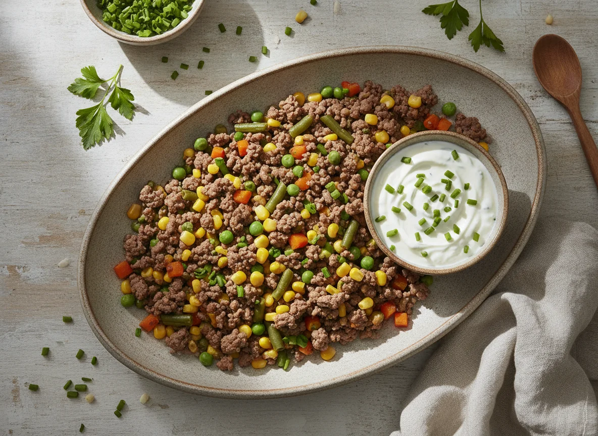 Hackfleischpfanne mit Gemüse und Dip photo