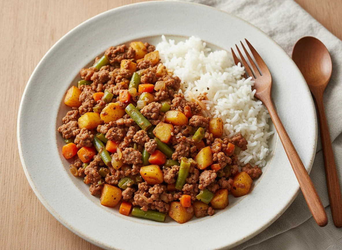 Hackfleischpfanne mit Gemüse und Kartoffeln photo