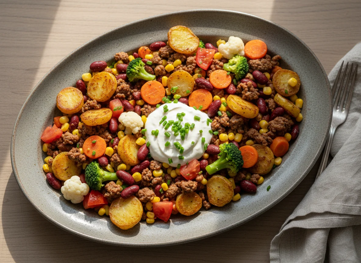 Hackfleischpfanne mit Kartoffeln und Gemüse photo