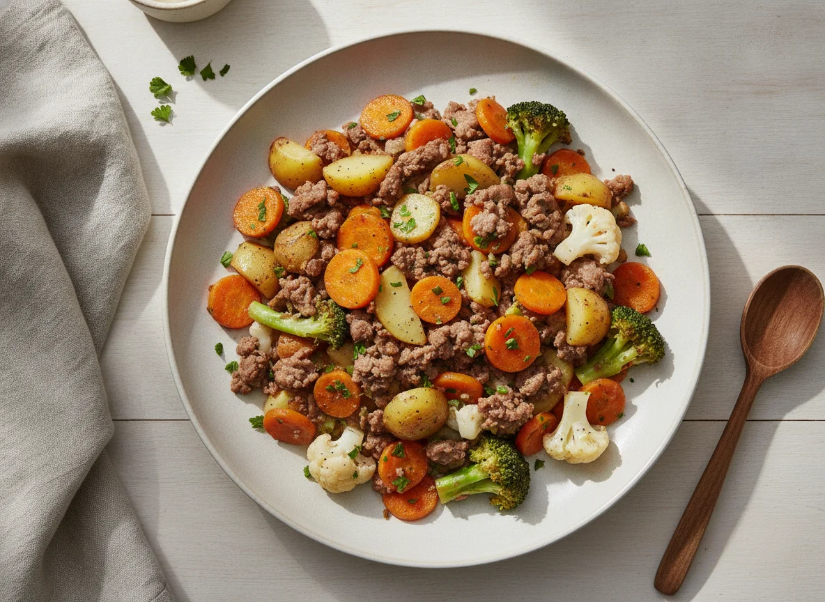 Hackfleisch-Pfanne mit Kartoffeln und Gemüse photo