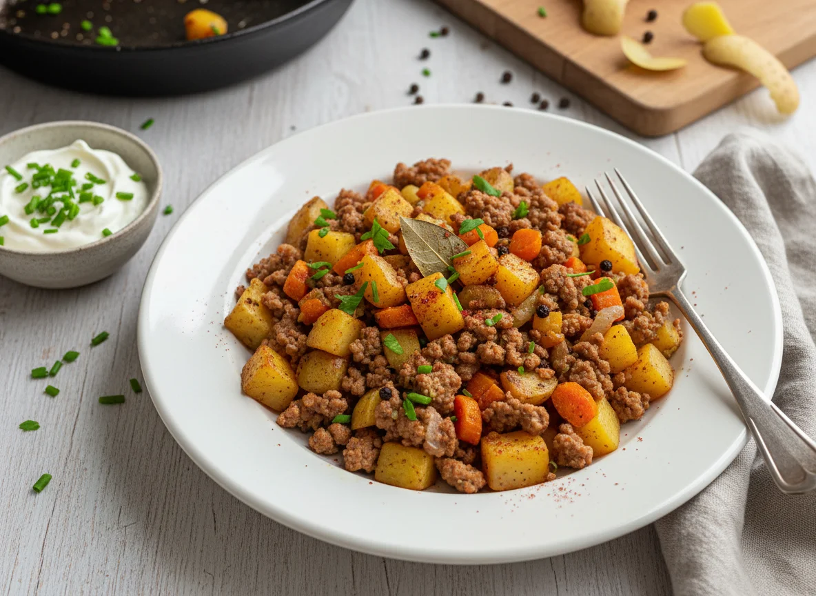 Hackfleischpfanne mit Kartoffeln und Karotten photo