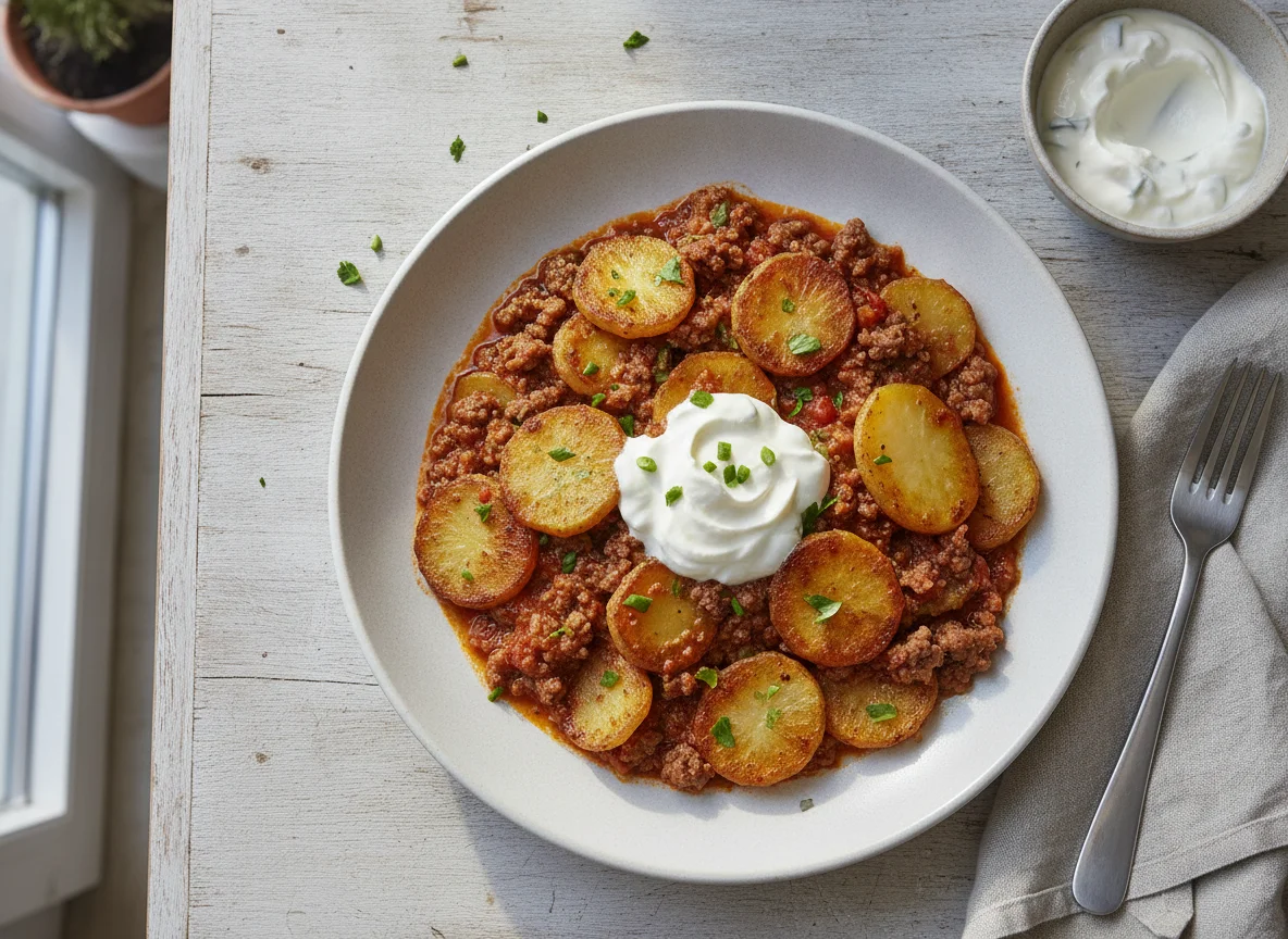 Hackfleisch-Pfanne mit Kartoffeln und Sauerrahm photo