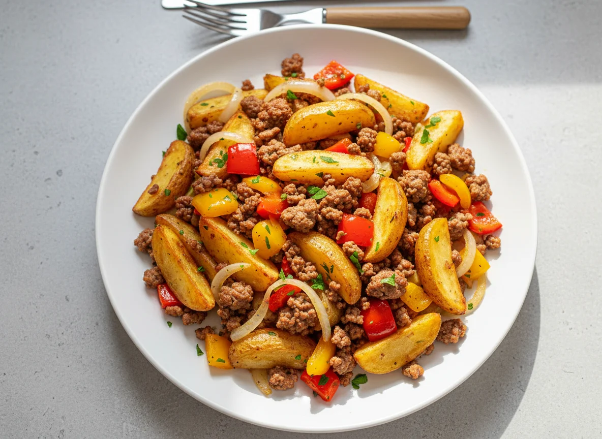 Hackfleischpfanne mit Kartoffelspalten photo