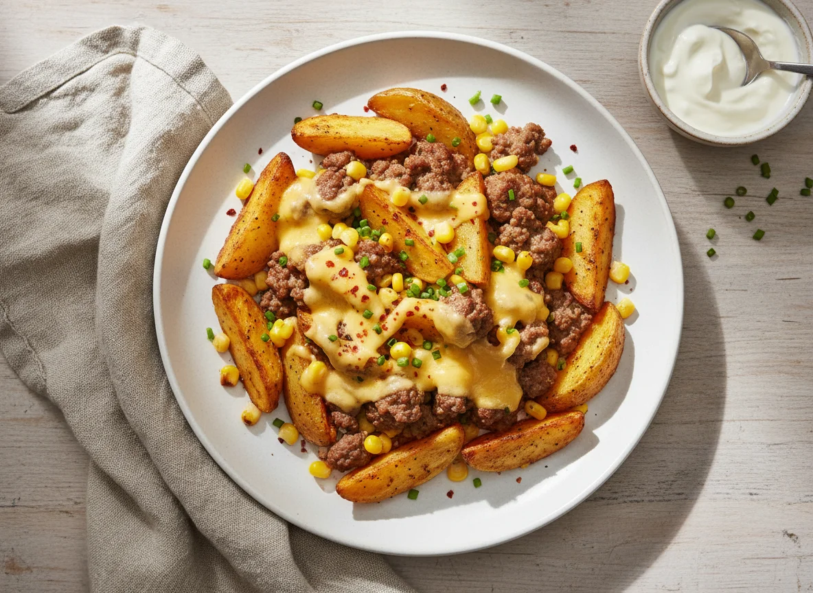 Hackfleischpfanne mit Kartoffelspalten und Mais photo