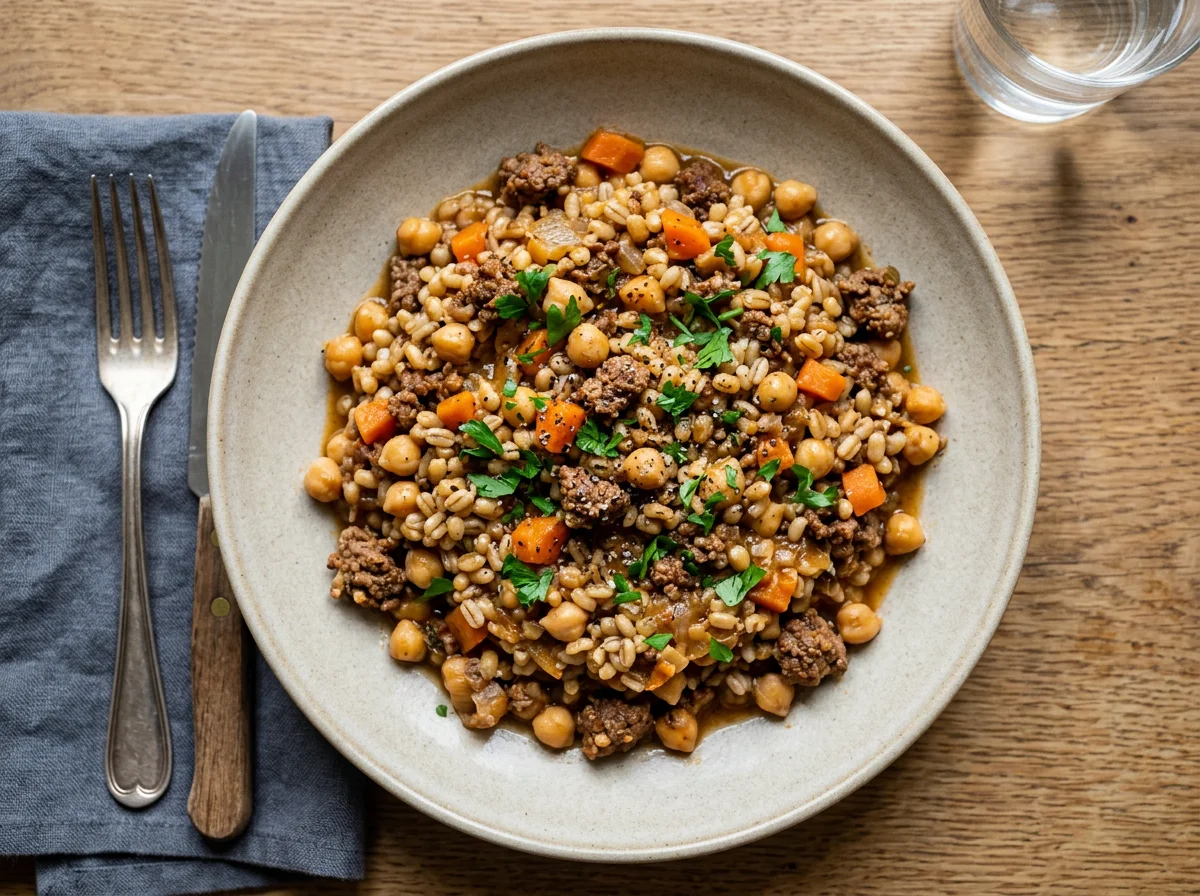 Hackfleisch-Pfanne mit Kichererbsen, Karotten und Getreide photo