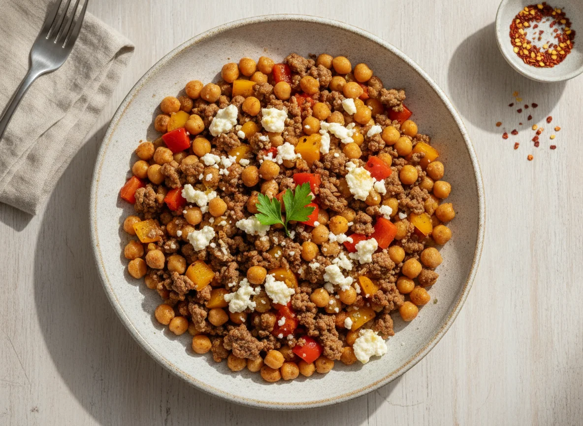 Hackfleisch-Pfanne mit Kichererbsen und Paprika photo