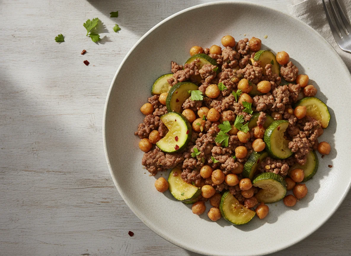Hackfleisch-Pfanne mit Kichererbsen und Zucchini photo