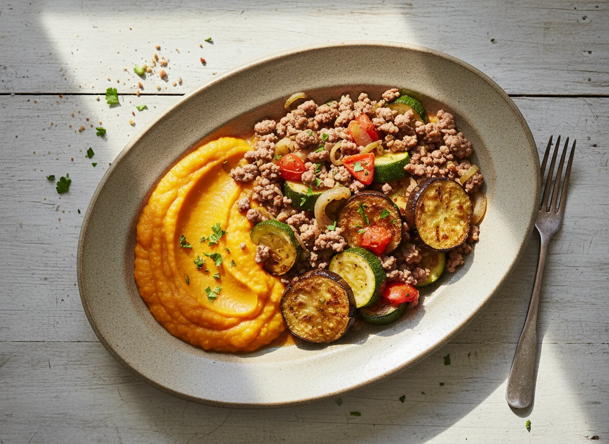 Hackfleischpfanne mit Kürbispüree und gebratenem Gemüse photo