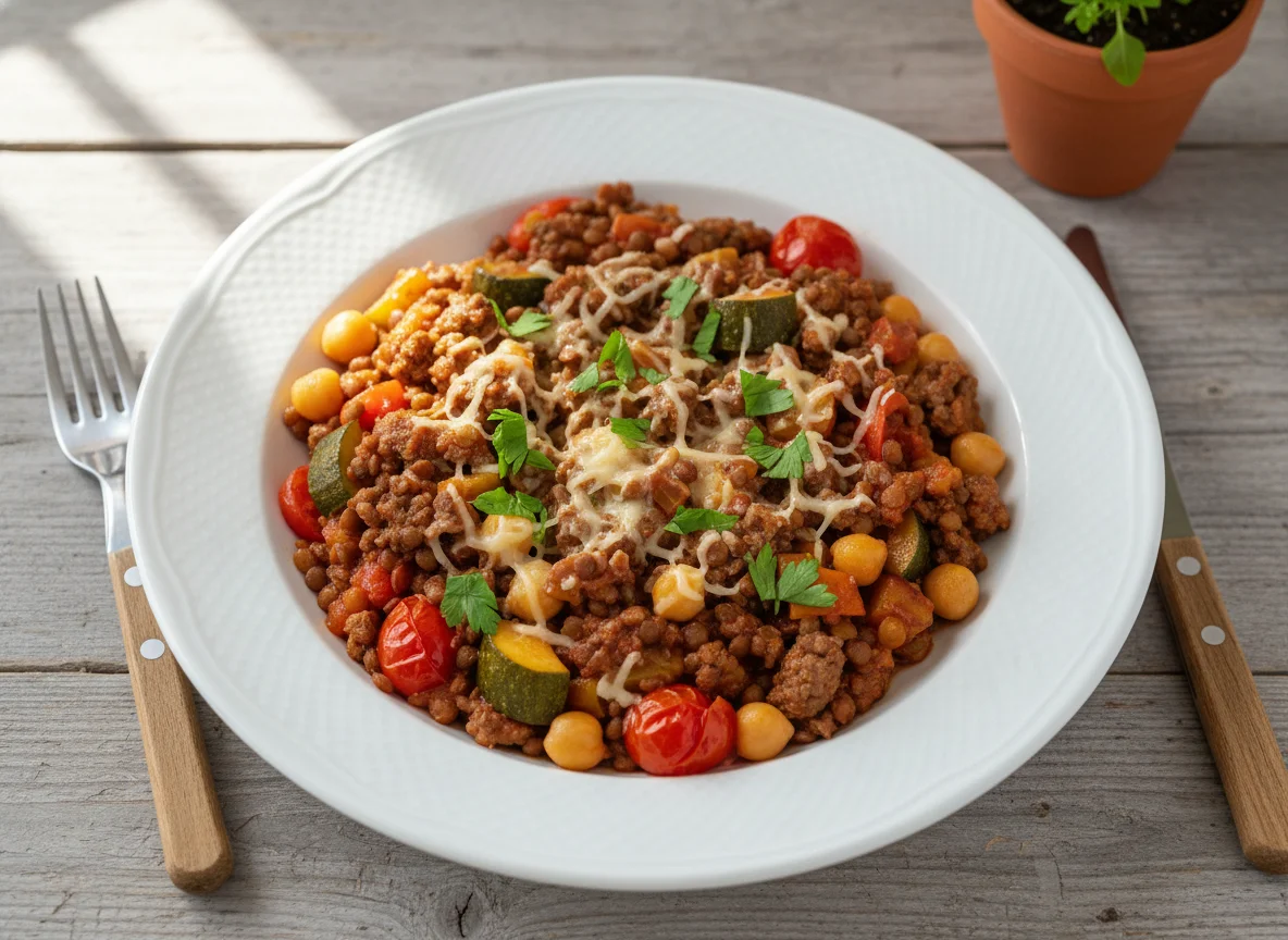 Hackfleisch-Pfanne mit Linsen, Kichererbsen und Gemüse photo