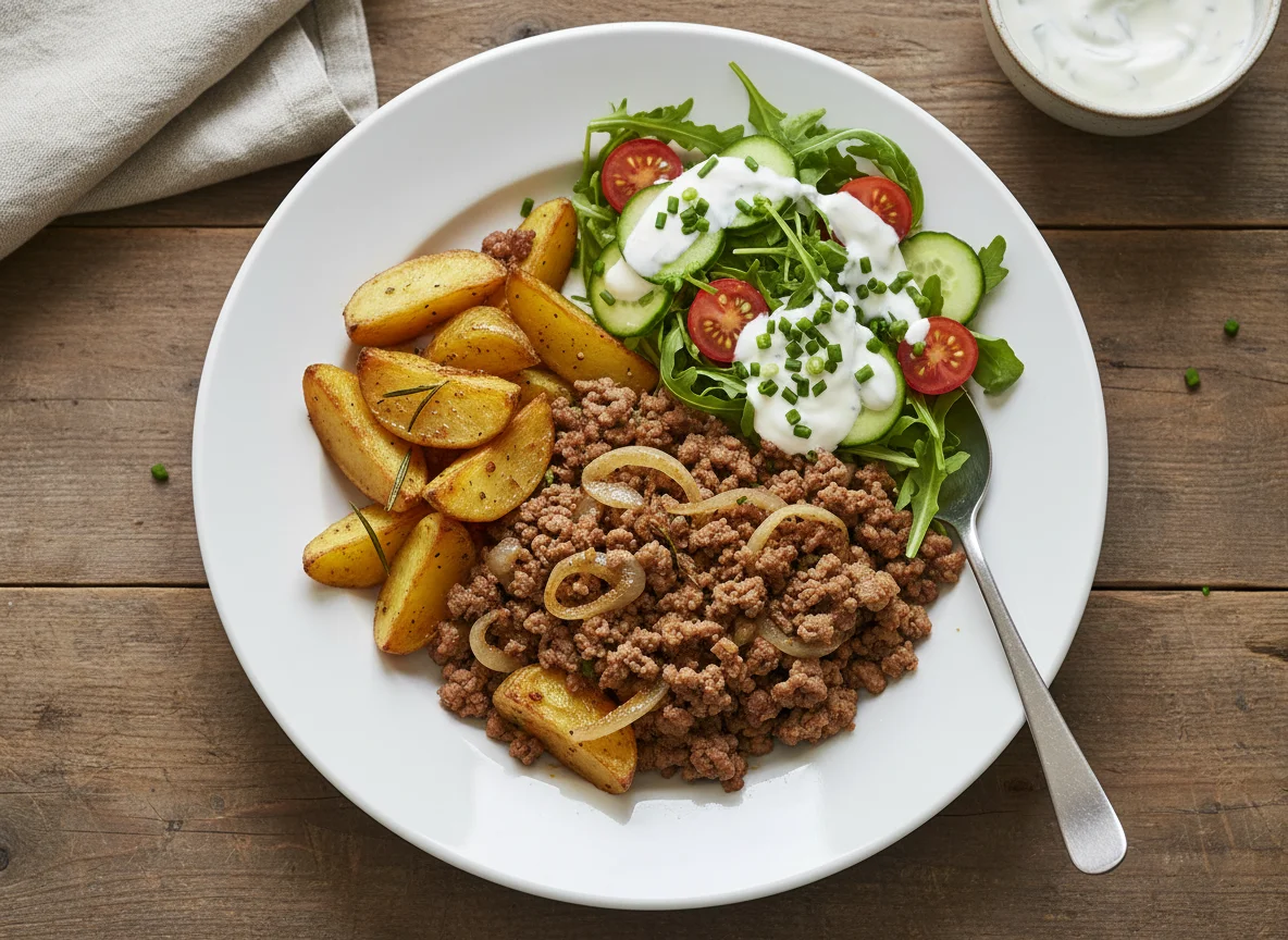 Hackfleischpfanne mit Ofenkartoffeln und Salat photo