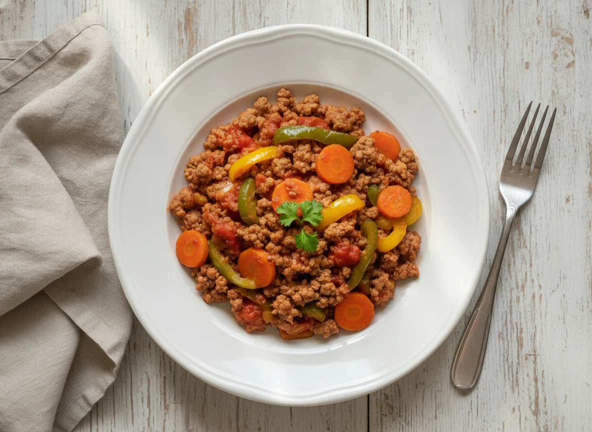 Hackfleisch-Pfanne mit Paprika und Karotten photo