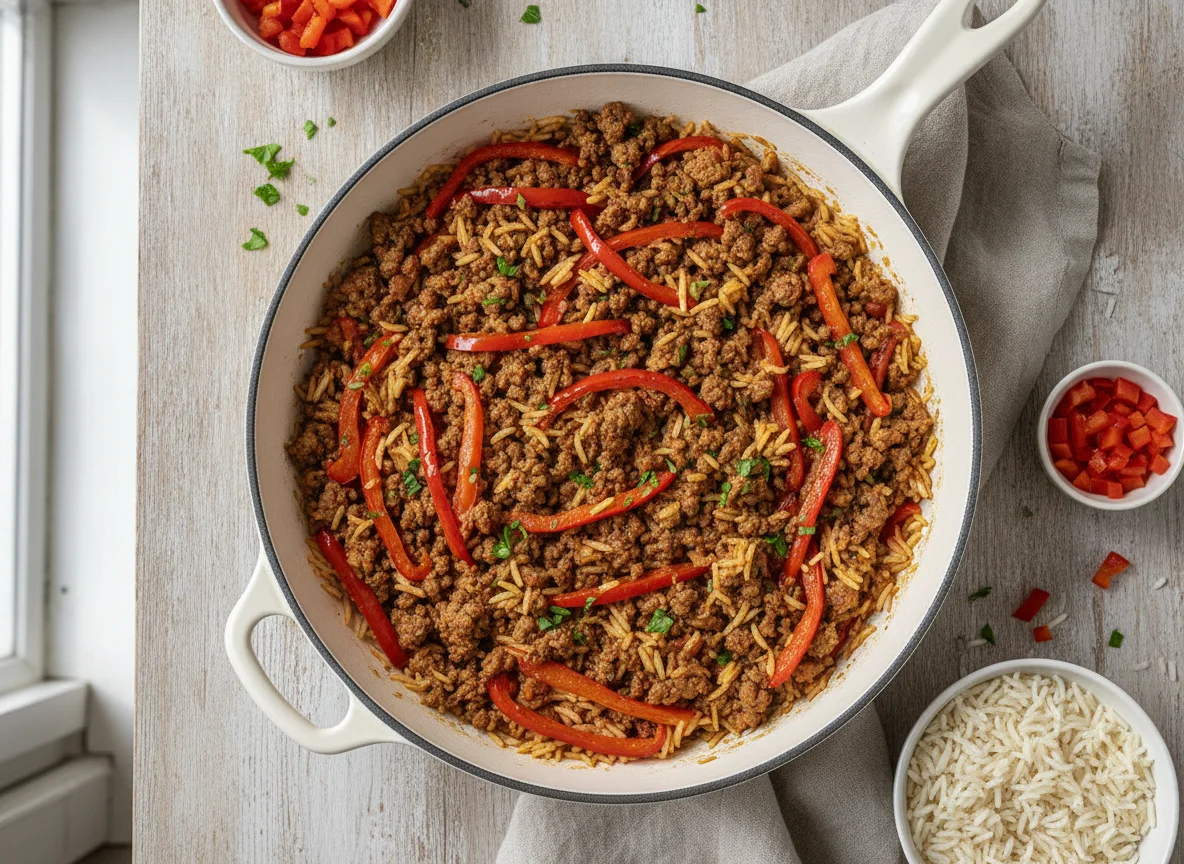 Hackfleisch-Pfanne mit Paprika und Reis photo