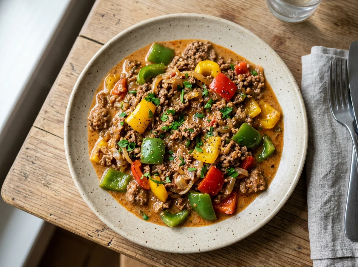 Hackfleischpfanne mit Paprika und Sauce photo