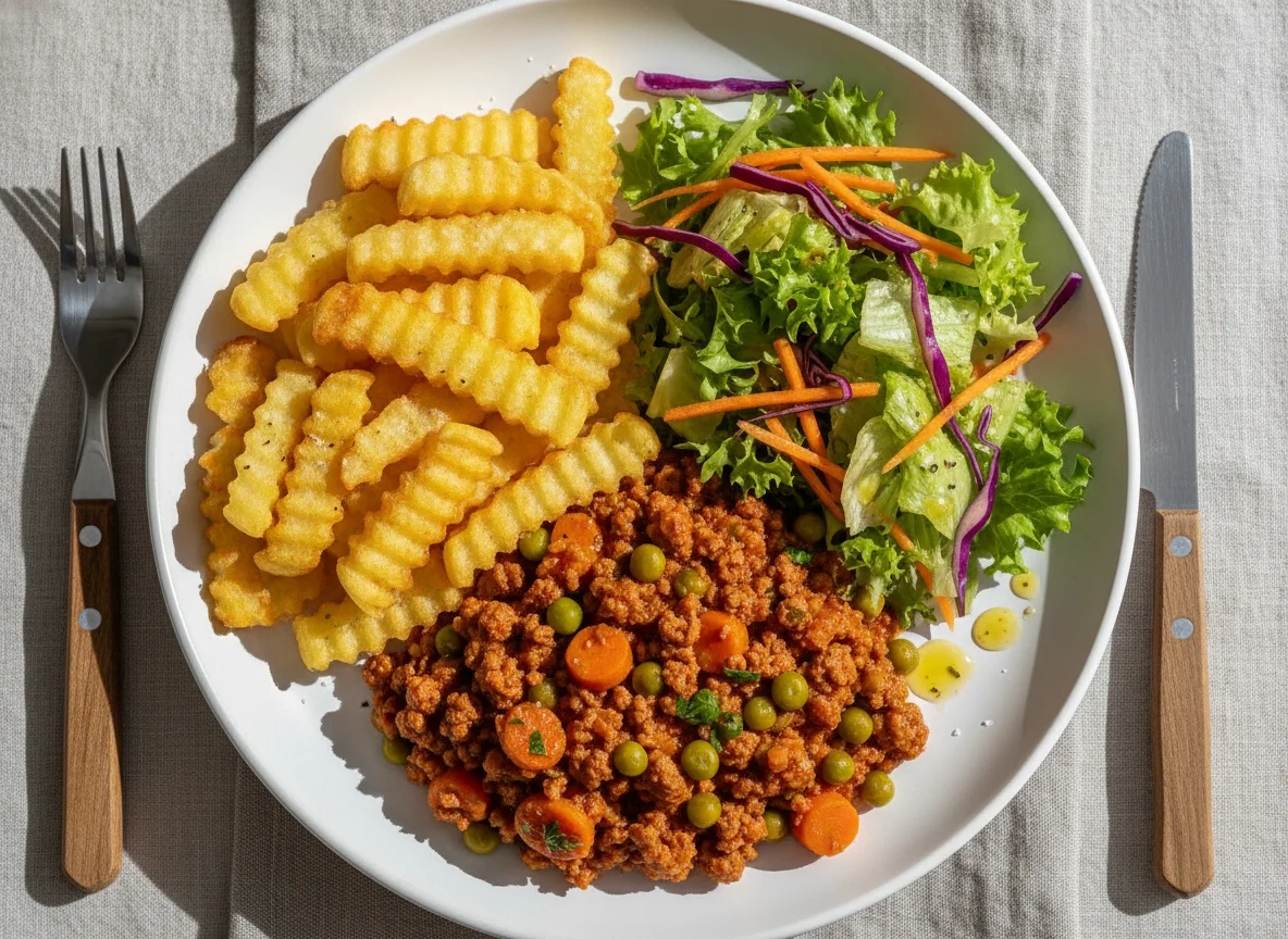 Hackfleischpfanne mit Pommes und Salaten photo