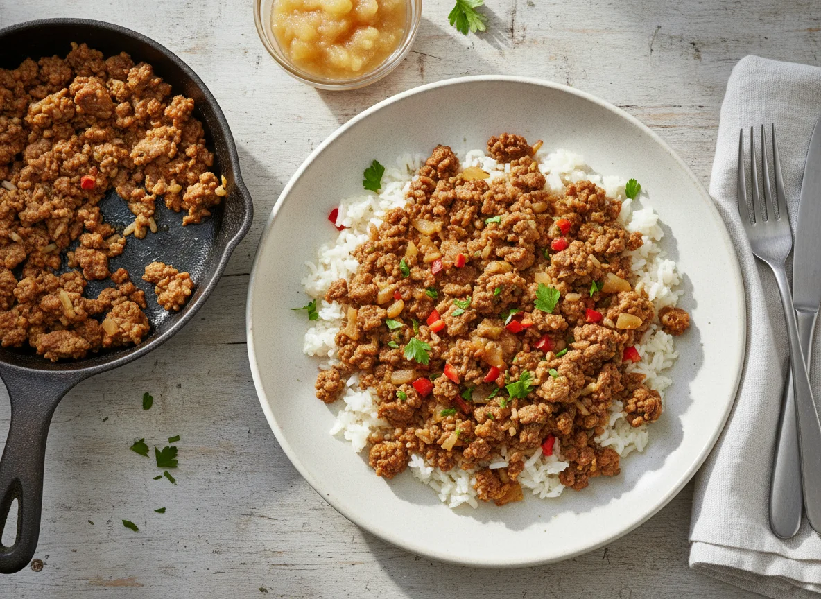 Hackfleisch-Pfanne mit Reis photo