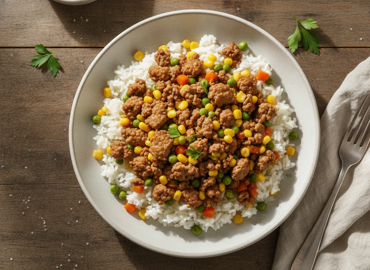 Hackfleisch-Pfanne mit Reis und Gemüse photo