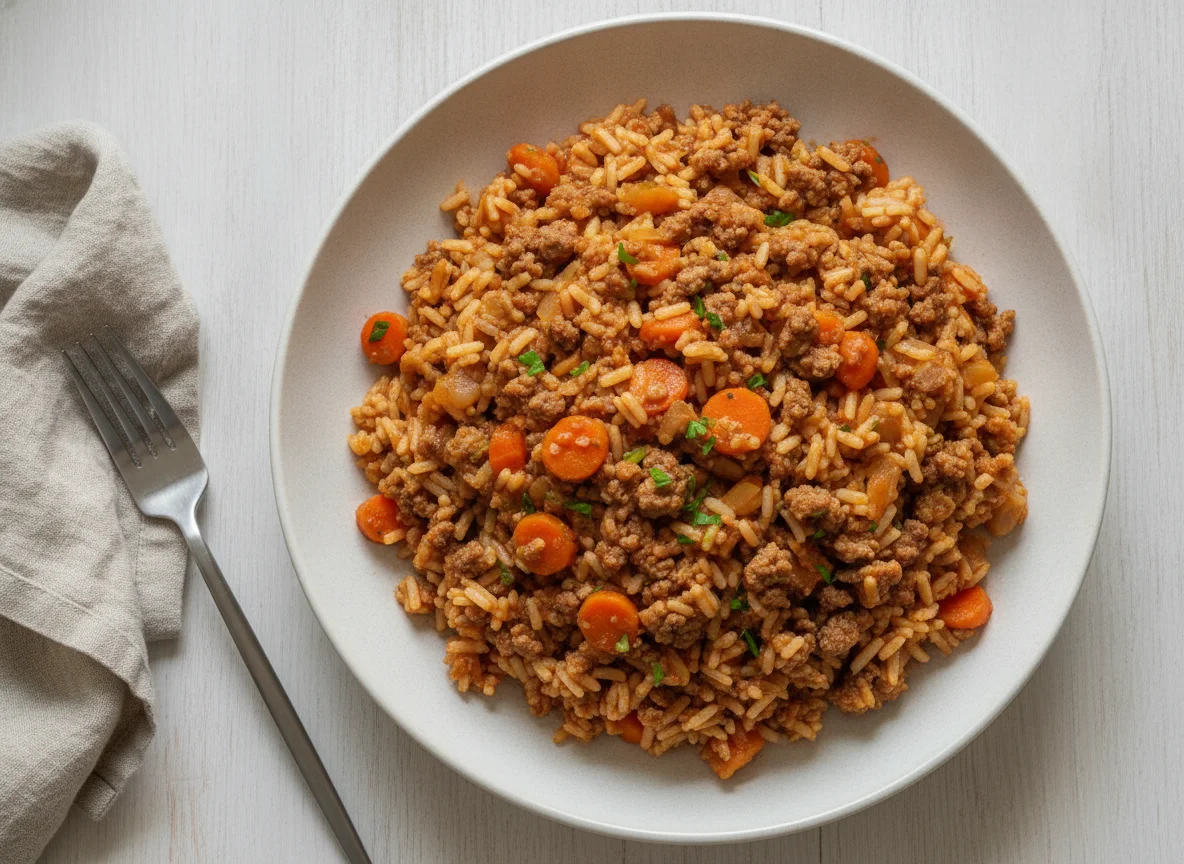 Hackfleisch-Pfanne mit Reis und Karotten photo
