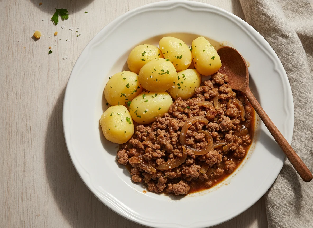 Hackfleisch-Pfanne mit Salzkartoffeln photo