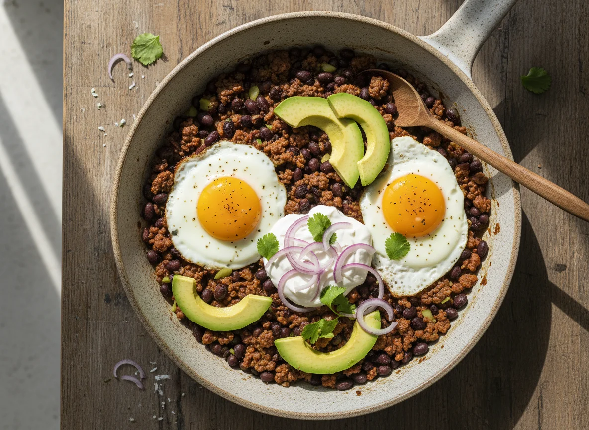 Hackfleisch-Pfanne mit schwarzen Bohnen, Avocado und Ei photo