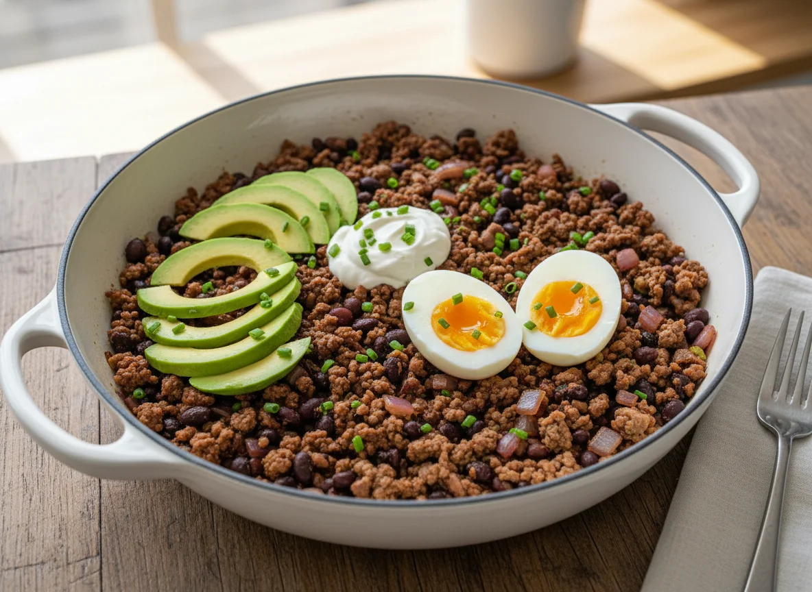 Hackfleisch-Pfanne mit schwarzen Bohnen, Ei und Avocado photo