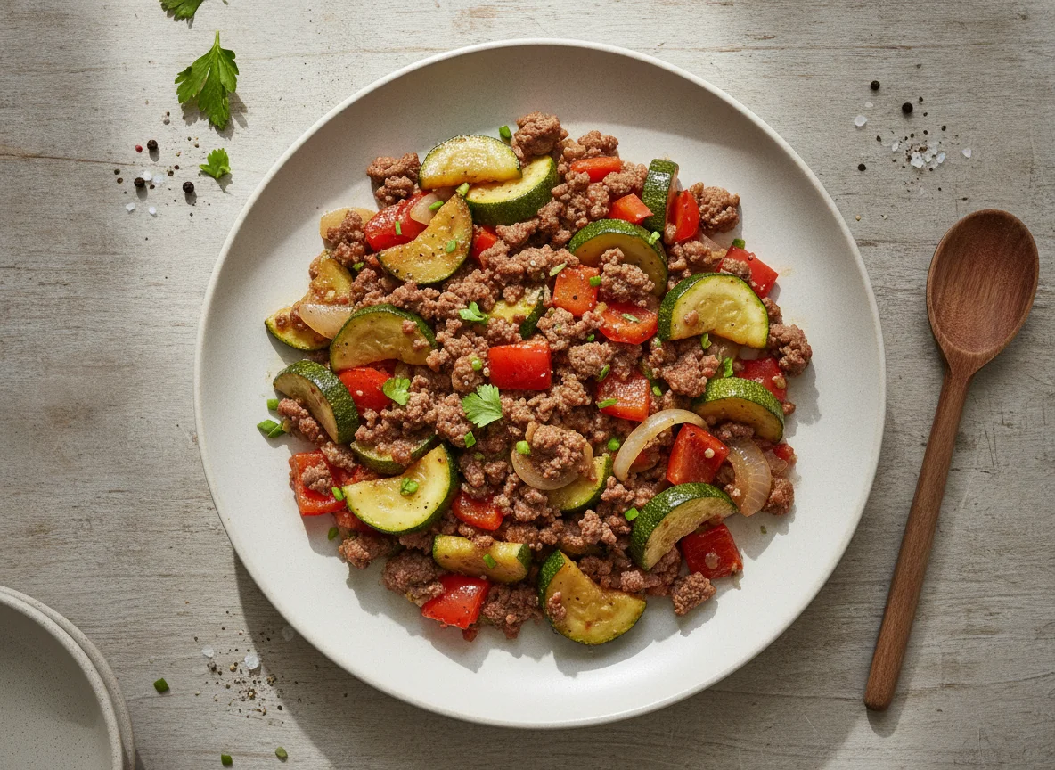 Hackfleisch-Pfanne mit Zucchini und Paprika photo