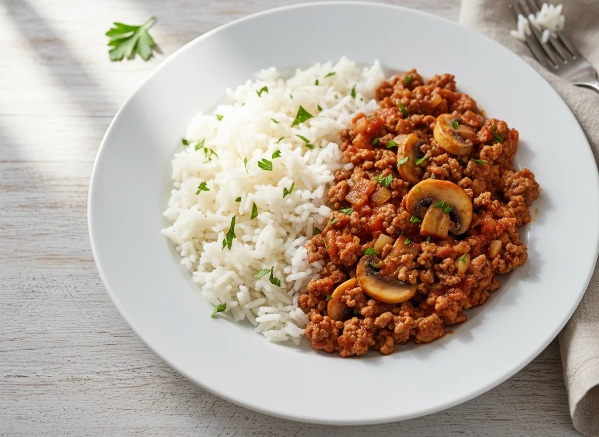 Hackfleisch-Pilz-Pfanne mit Reis photo