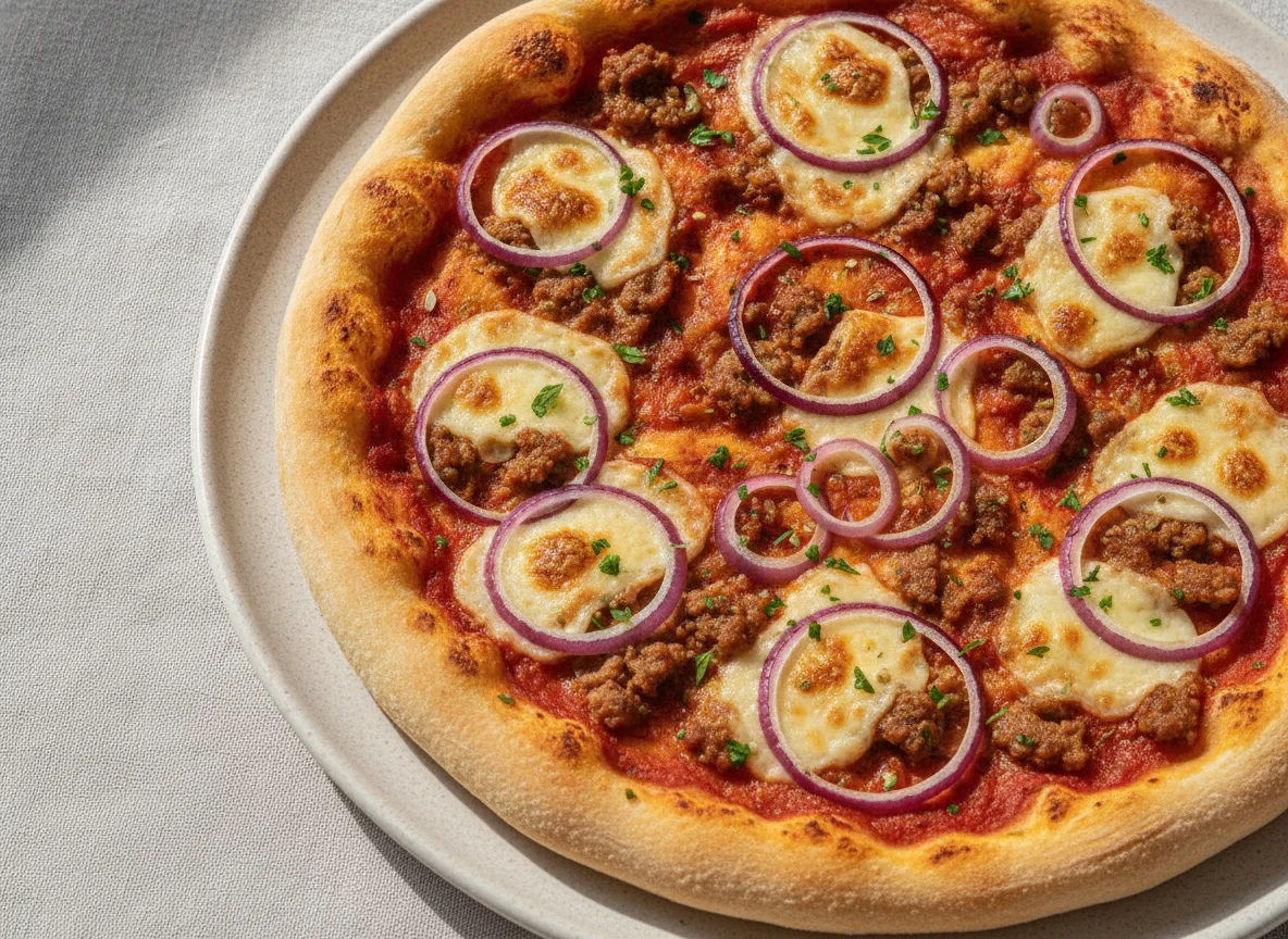 Hackfleisch-Pizza mit roten Zwiebeln photo