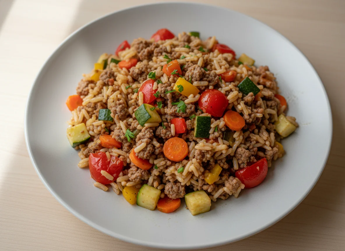 Hackfleisch-Reis-Pfanne mit Gemüse photo