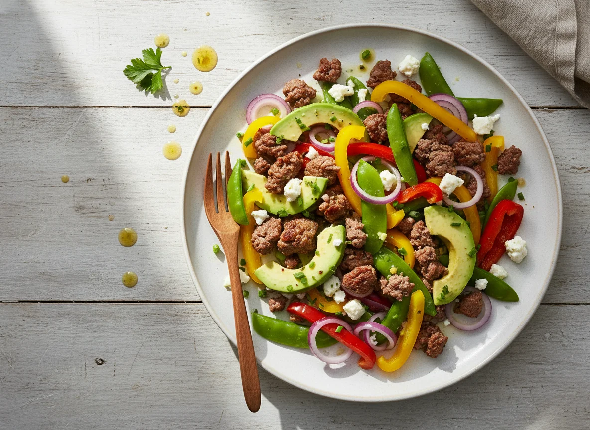 Hackfleisch-Salat mit Avocado und Gemüse photo