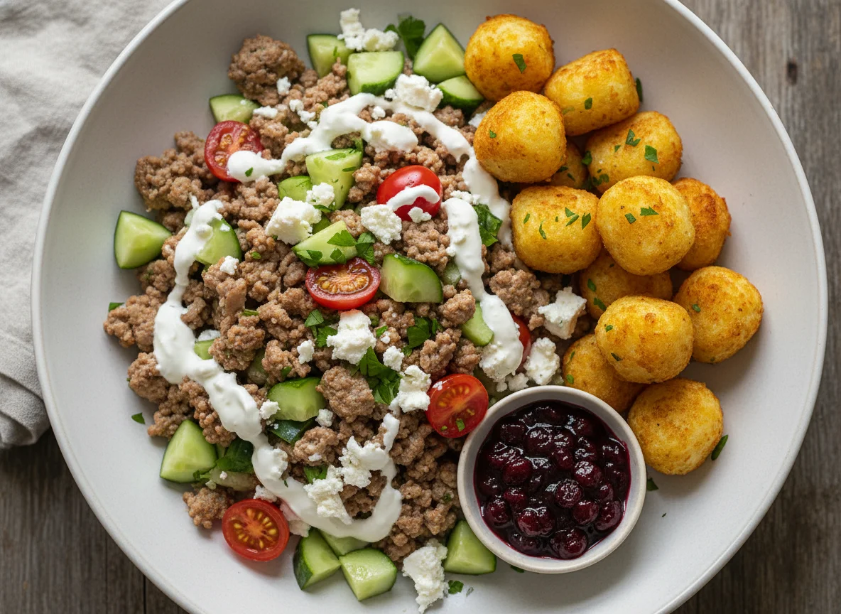 Hackfleisch-Salat mit Kroketten und Preiselbeeren photo