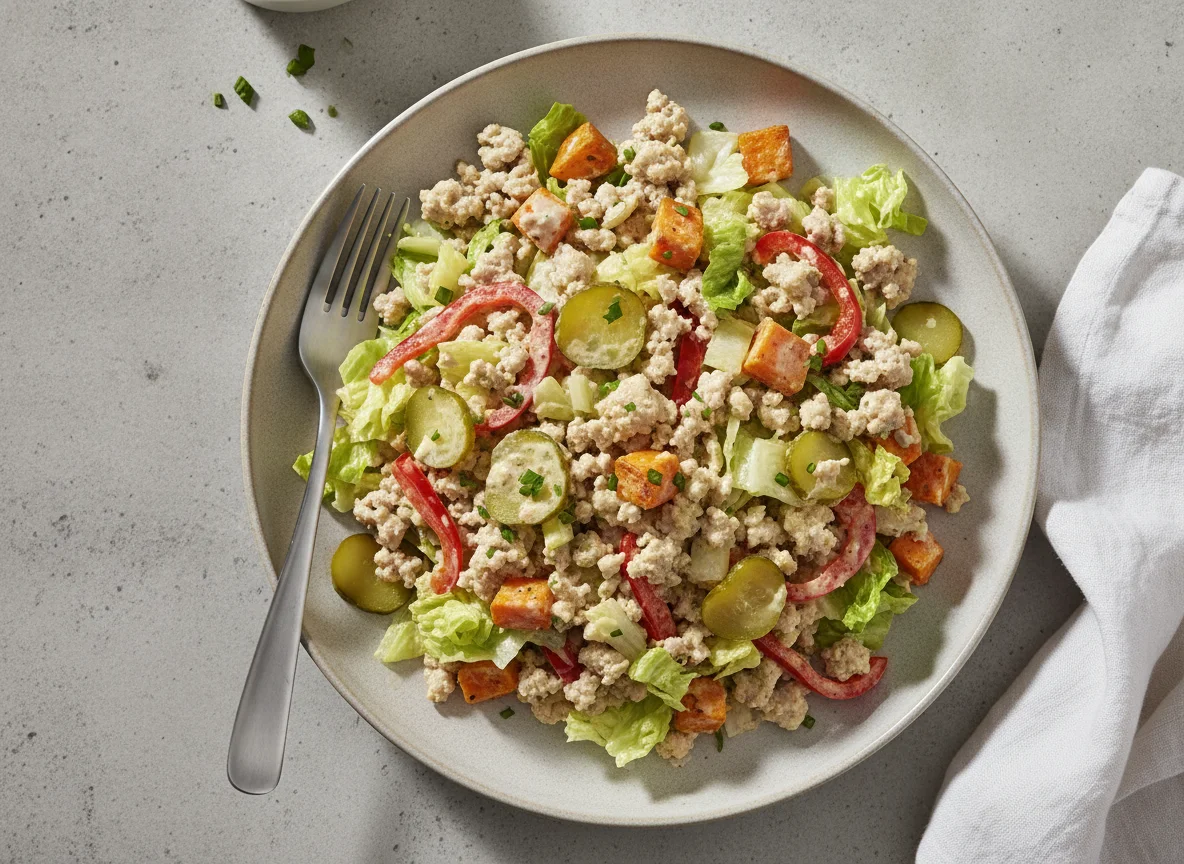 Hackfleischsalat mit Süßkartoffeln und Gurken photo