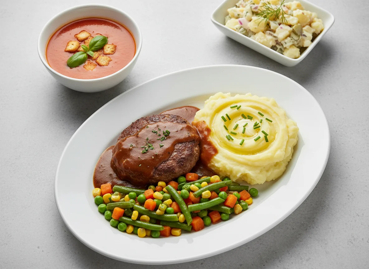 Hacksteak mit Kartoffelbrei, Gemüse, Soße, Tomatensuppe und Kartoffelsalat photo