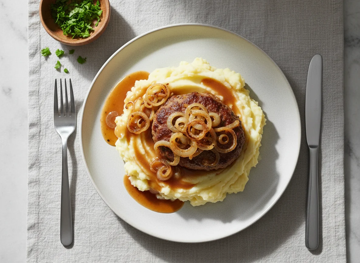 Hacksteak mit Kartoffelpüree und Sauce photo
