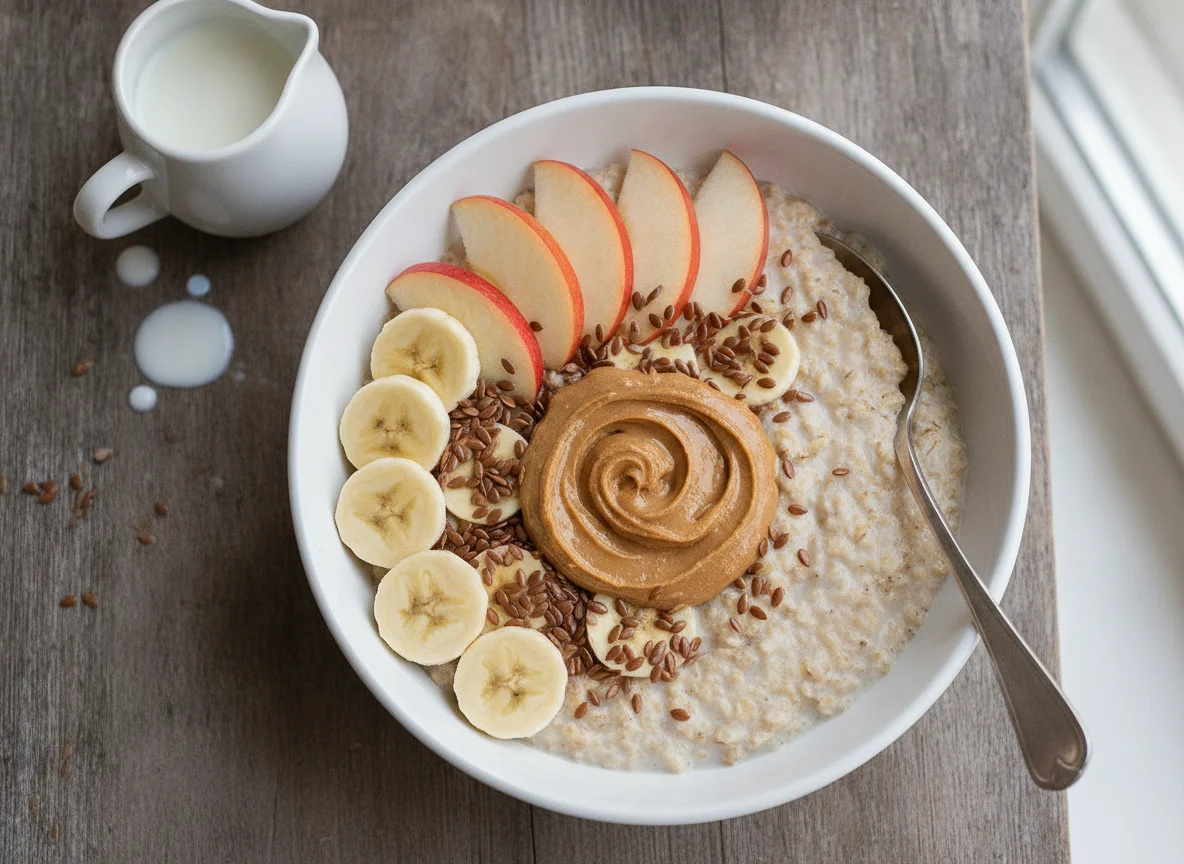 Haferbrei mit Apfel, Banane und Erdnussmus photo