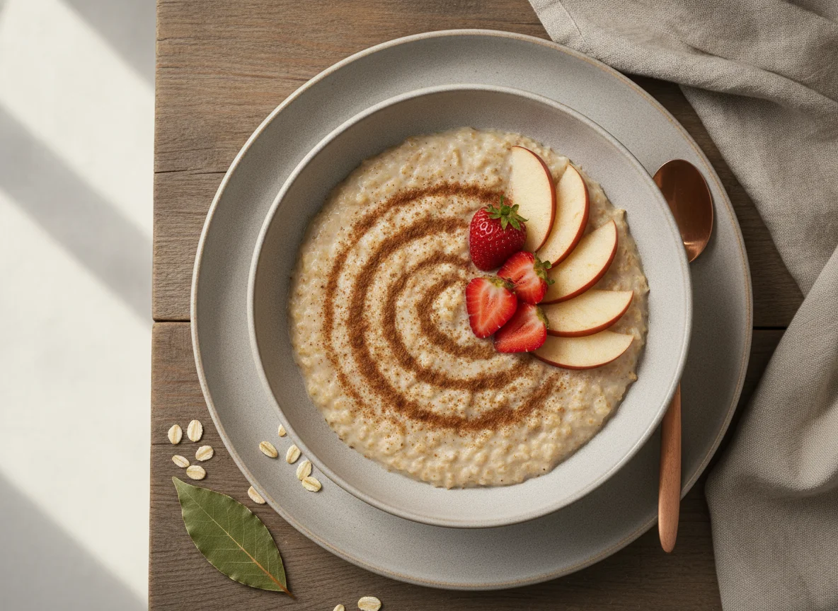 Haferbrei mit Apfel und Erdbeeren photo