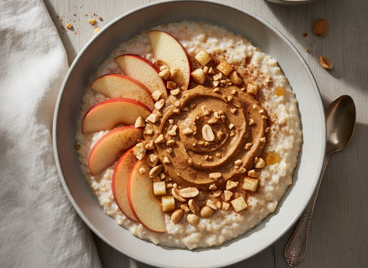 Haferbrei mit Apfel und Erdnussmus photo
