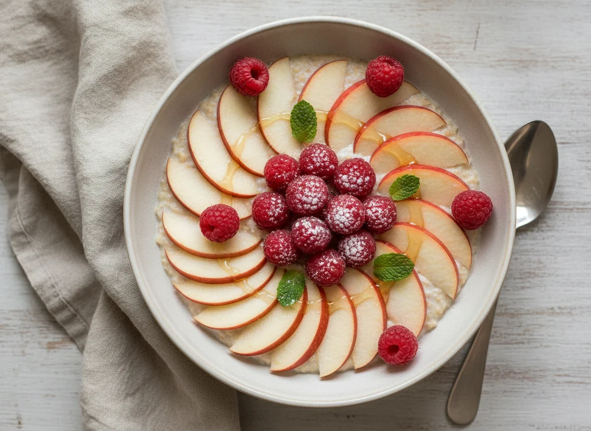 Haferbrei mit Apfel und Himbeeren photo