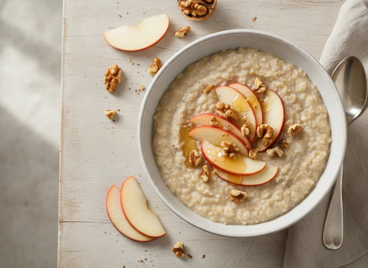 Haferbrei mit Apfel und Walnüssen photo