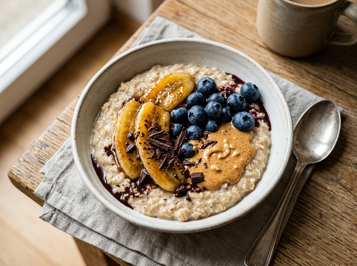 Haferbrei mit Banane, Blaubeeren, Erdnussbutter und Schokolade photo