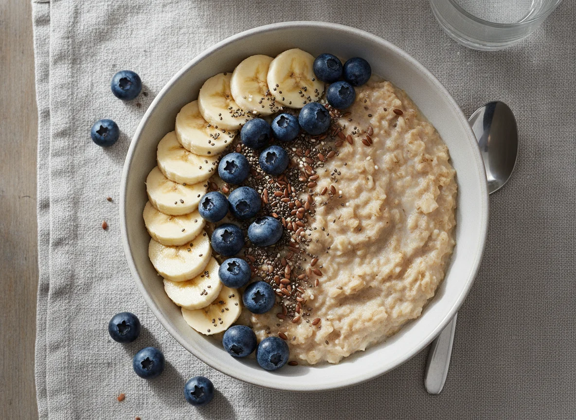 Haferbrei mit Banane, Blaubeeren und Chiasamen photo