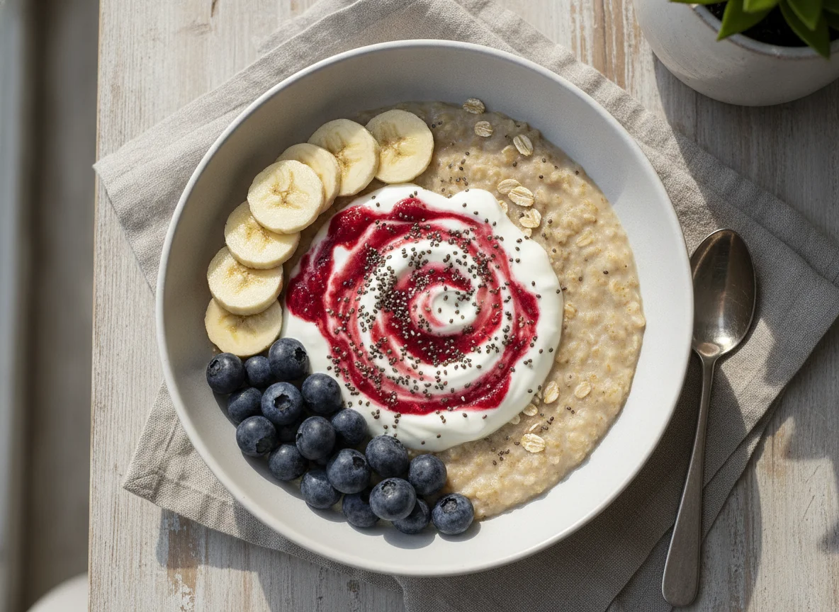 Haferbrei mit Banane, Blaubeeren und Joghurt photo