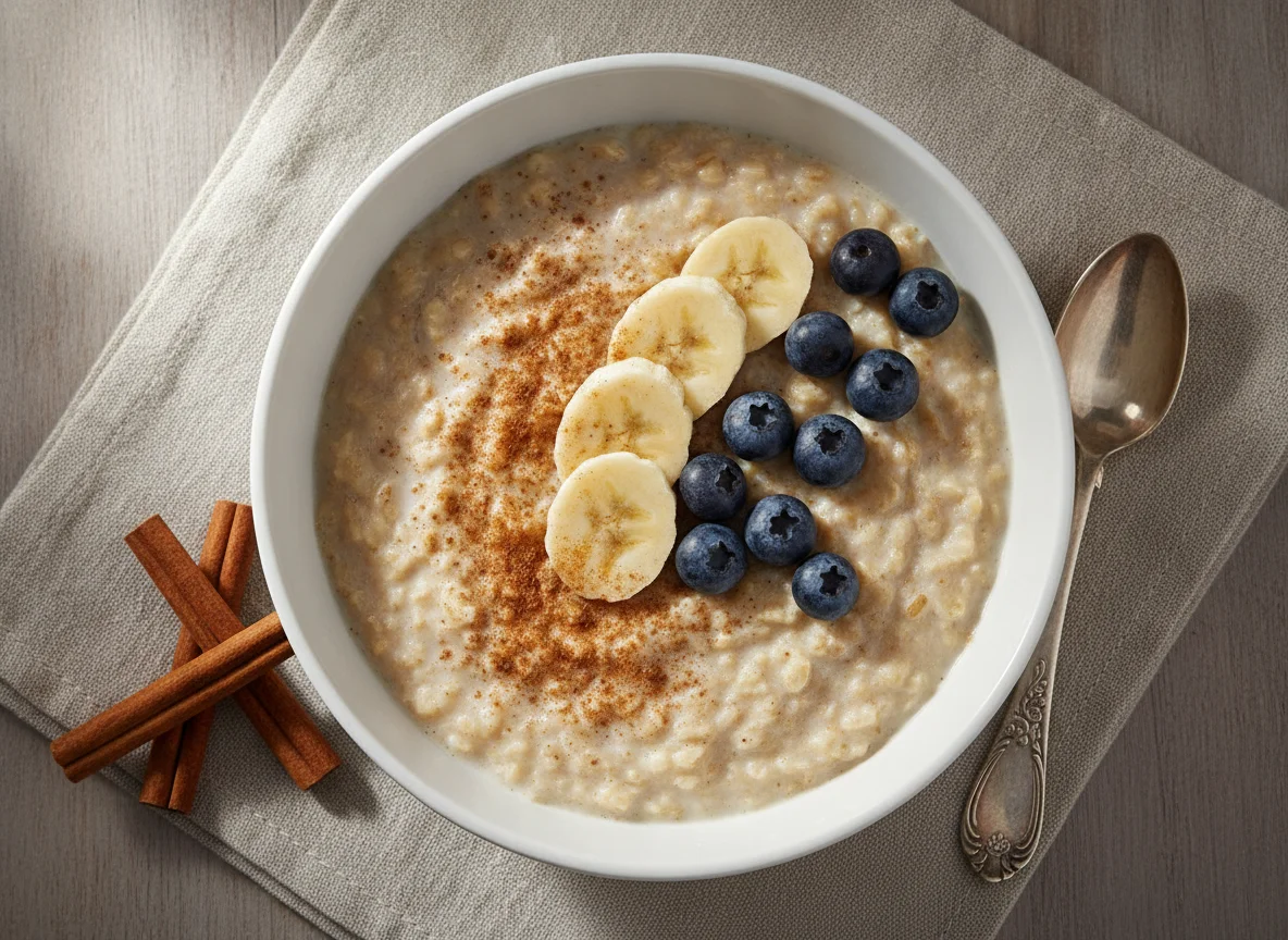 Haferbrei mit Banane, Blaubeeren und Zimt photo