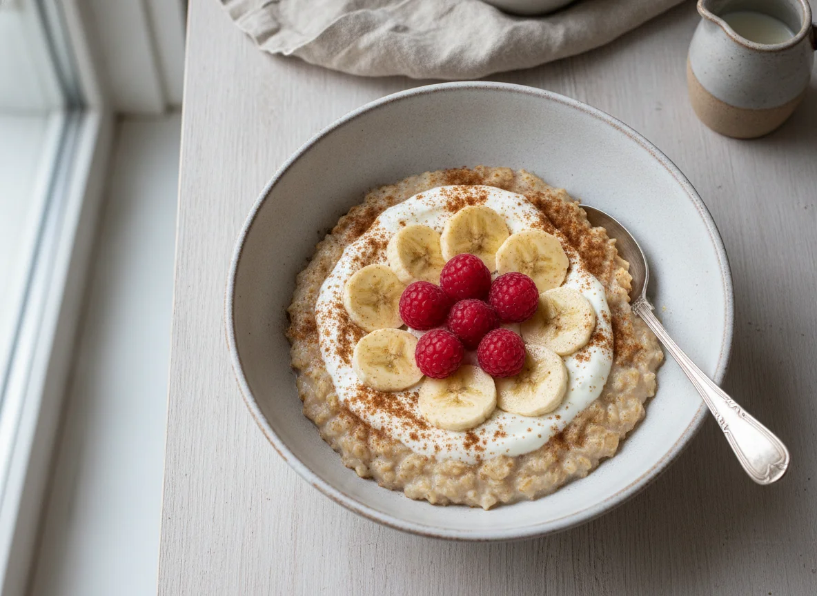 Haferbrei mit Banane, Joghurt und Zimt photo