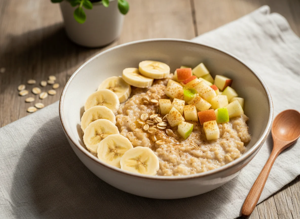 Haferbrei mit Banane und Apfel photo