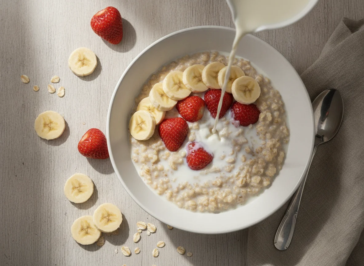 Haferbrei mit Banane und Erdbeeren photo