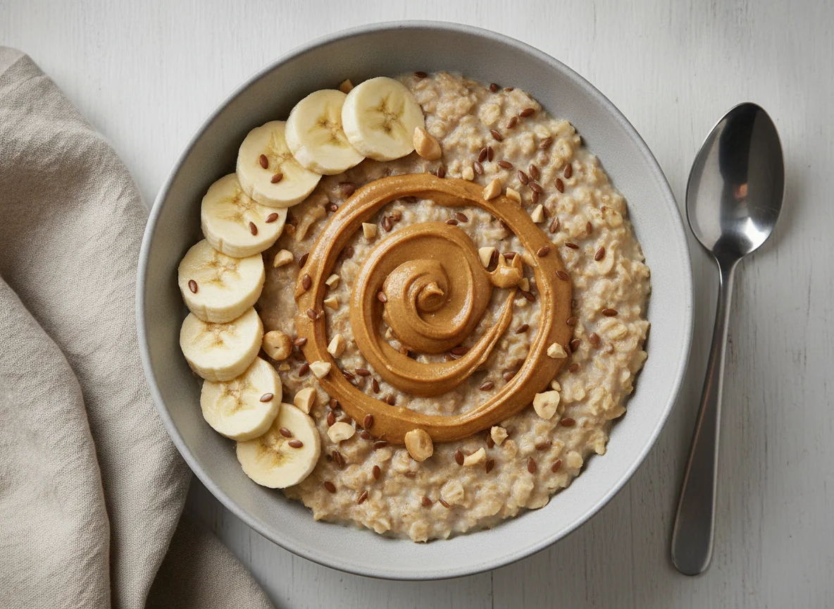 Haferbrei mit Banane und Erdnussmus photo